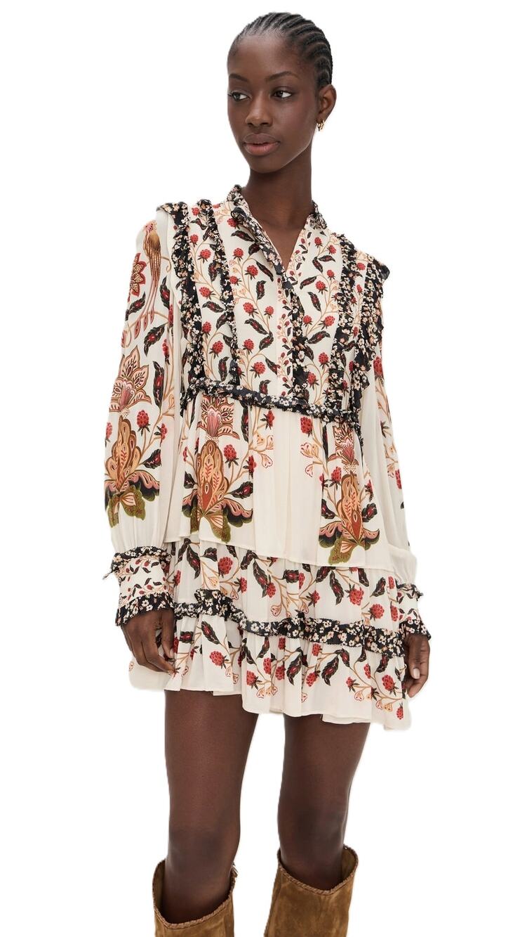 FARM Rio Women Ivory Viscose Berry Garden Boho Ruffle Tiered Mini Dress Size S